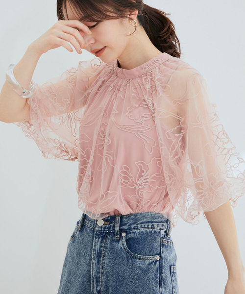 新品タグ付 今期商品 vis-`a- vis ビサビ 春の ピンク 総レース シアー 刺繍ブラウス 五分袖 VIS 上品 セクシー シースルー 透け感 拍卖