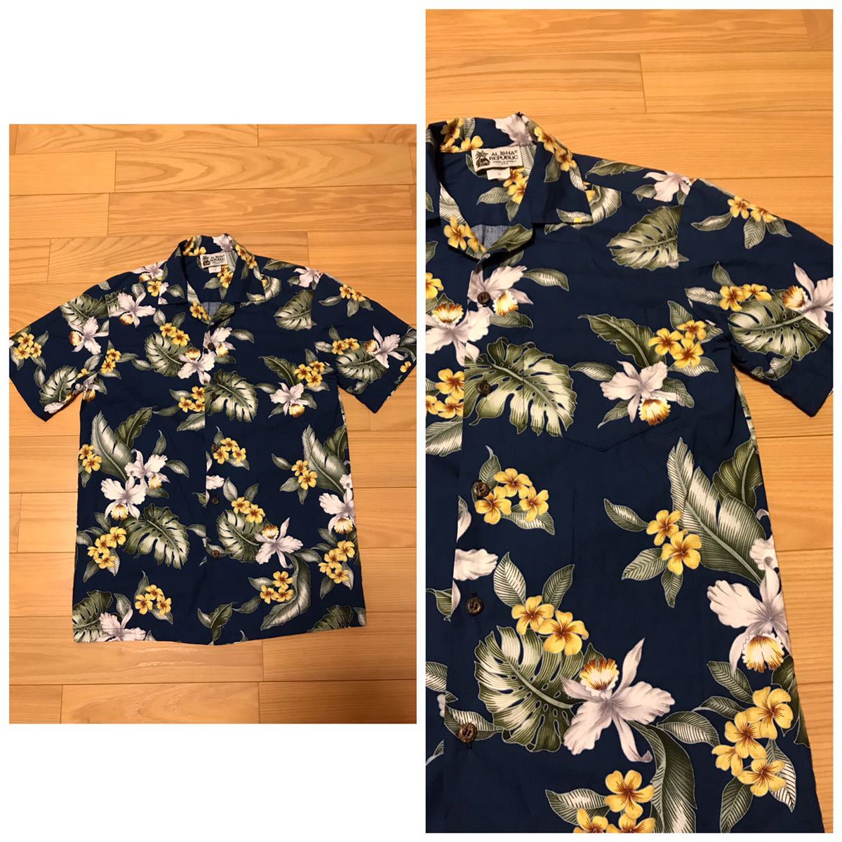 美品☆HAWAII.USA製/ALOHA REPUBLIC 希少.メンズサイズS 半袖アロハシャツ・葉っぱ&花ハワイアン総柄 ネイビー.紺色 ハワイ.アメリカ製拍卖
