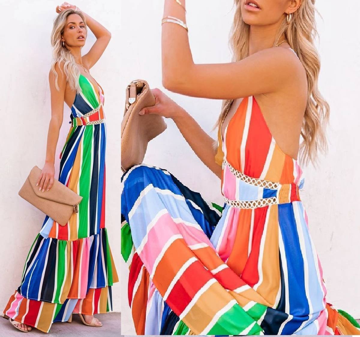 LHW164★セクシー♪ふんわり*ボリューム♪後ろクロス仕様*ティアード*Vネック*Aラインフレア*MIXカラー*ロングワンピース拍卖