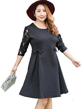 LHW88★七分袖 Aラインワンピース 背中セクシー 黒 XL-5XL 大きいサイズ シースルー ブラック レディース きれいめ フォーマル拍卖