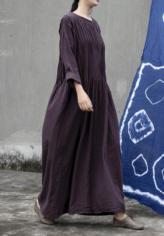 LHH90★ハンドメイド ゆったり レディース オルガンプリーツ ロングワンピース 洗える リネン ビンテージ ワンピース拍卖