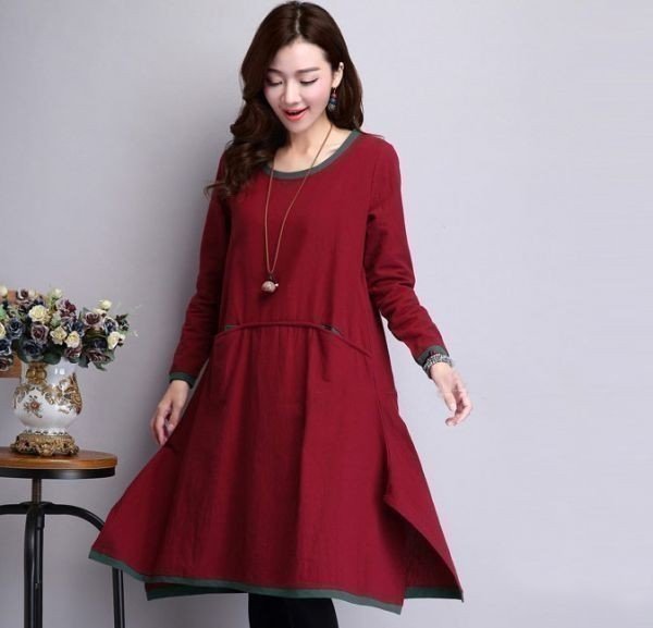 LHW93★ M 赤 大人可愛い 裾デザイン バイカラー 綿麻 ナチュラル ゆったり イベント レディース ワンピース 膝丈拍卖