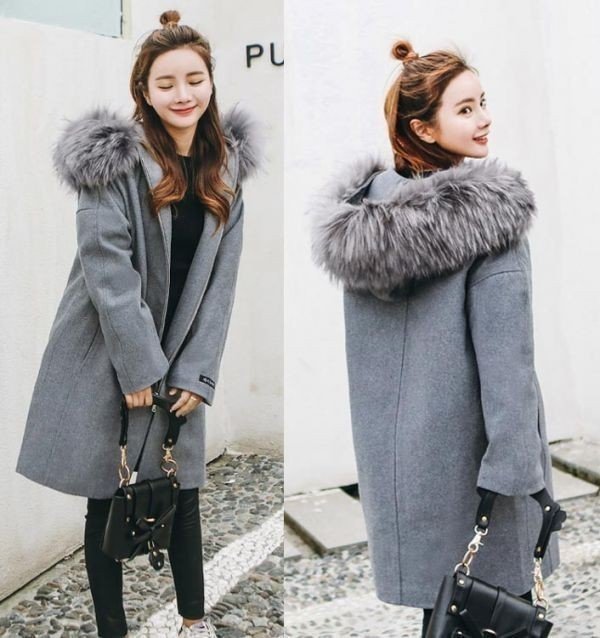 LHW255★M グレー 取り外し フェイク ファー フード付き ハーフ丈 アウター 防寒 秋 冬 カジュアル シンプル コート 膝丈 拍卖