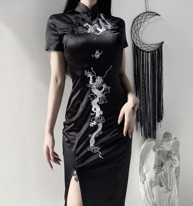 LHK423★半袖レディース ブラック ドレス チャイナ風 エレガント タイト ワンピース 姫系ドレス パーティー 結婚式 発表会拍卖