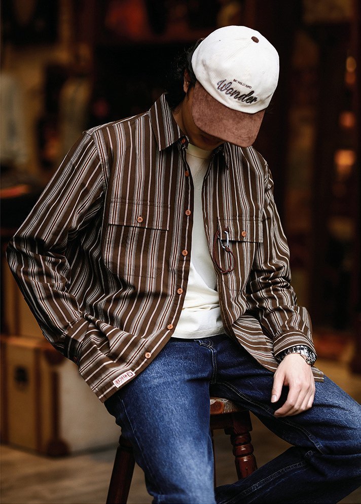 LHH34★春 夏 綿100%アメカジ ワークシャツ ストライプ レトロ シャツジャケット メンズ ゆったり コーヒー 3XL拍卖