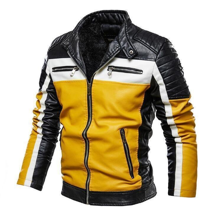 lyw157★裏起毛 ライダース メンズ バイクウェア 革ジャン アウタドア防風 防寒 切替 ジャケット 裏ボア L-3XL イエロー拍卖