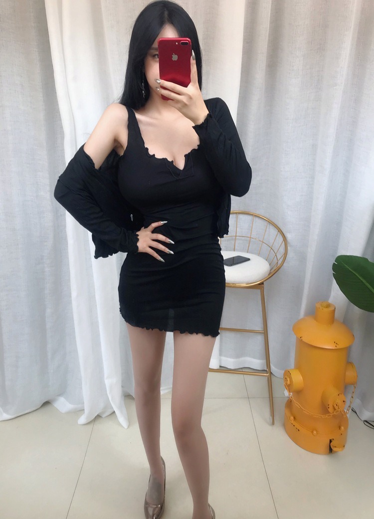 A337 セクシー★エロかわ ぴったりボディライン 美スタイル 2点セット とろみ素材 カーディガン+タイトワンピース ブラック拍卖