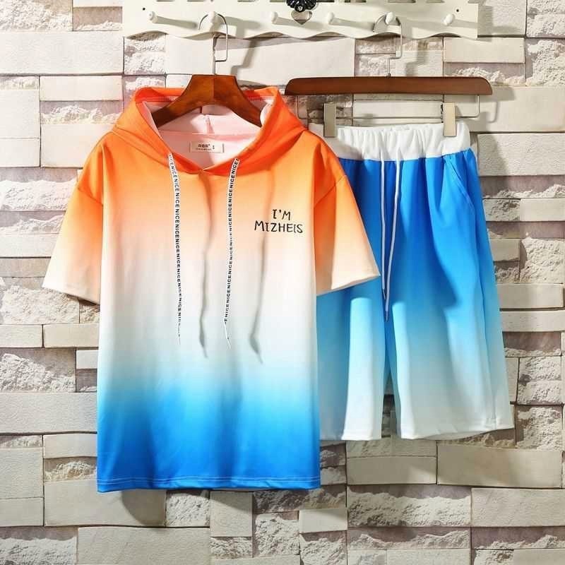 A313 夏新作 パーカー トレーナー メンズジャージセット★アップ 上下セット ★スウェット 半袖★トレーニングウェア M-3XLオレンジ&ブルー拍卖