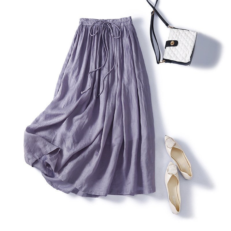 LHH52★大人お洒落に Aライン パープル 綿麻 プリーツスカート レディース 夏 通勤 ロングスカート おしゃれ 体型カバー M拍卖