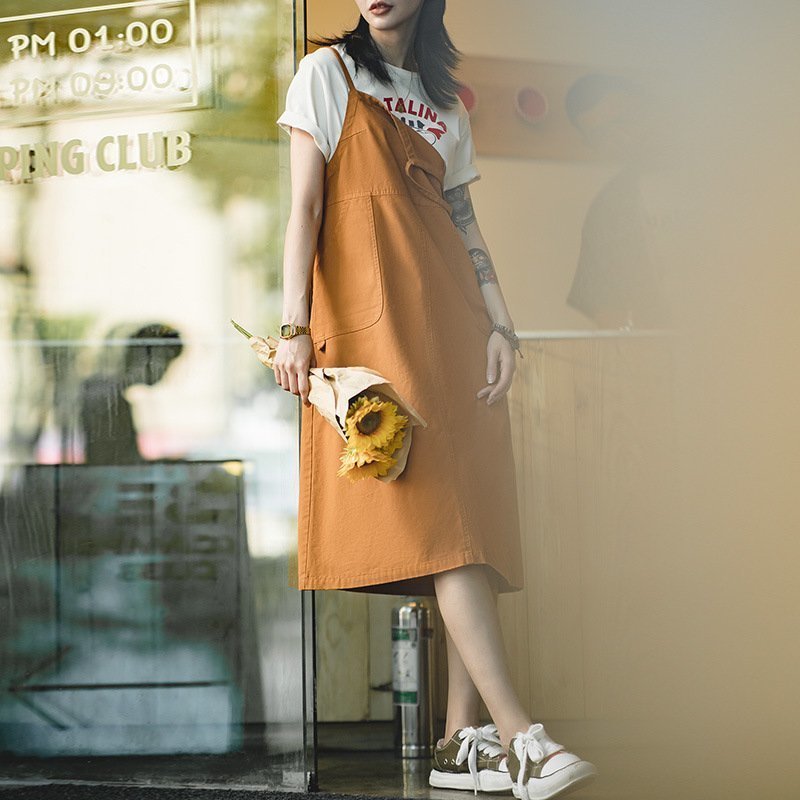 LHH79★【やせ見え】 マルチポケット Aラインスカート カジュアル ワンピース レディース ストラップドレス ゆったり コットン 夏 秋 通勤拍卖