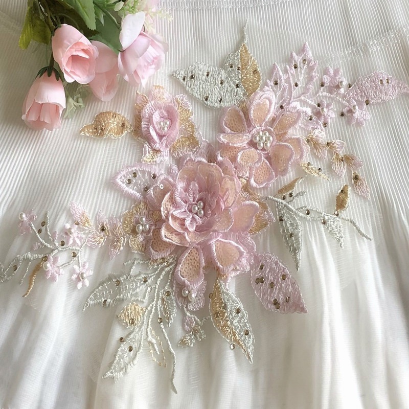 A295★お花 レース【 5枚セット】★花柄レース生地 ★お花のチュールレース★ 真珠刺繍入り花レースドレス生地レース テーブル掛け拍卖