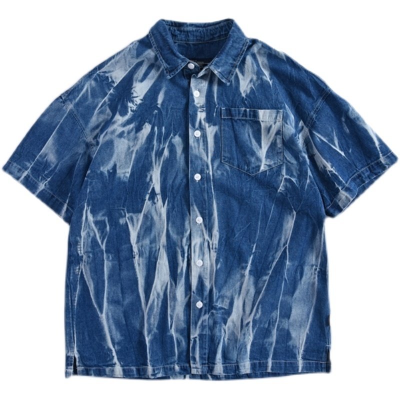 LHH216★夏 半袖シャツ ワークシャツ メンズ ゆったり 大きいサイズ 絞り染め デニムシャツ ヴィンテージ加工 XL/XXL拍卖