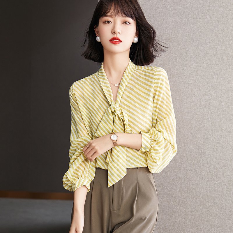 HSM91★秋新作♪20304050代きれいめ♪おしゃれ♪シック♪ボーダー柄♪ボウタイリボンレディース♪長袖シャツブラウ♪S~XXL♪黄色拍卖
