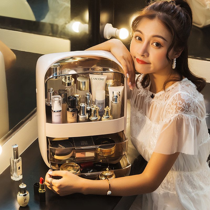 cjx97★ホコリからも守る!! コスメ オーガナイザー 収納 化粧品 香水 メイク ボックス 大容量 アクセサリー 防水 持ち手付き 小物入れ拍卖