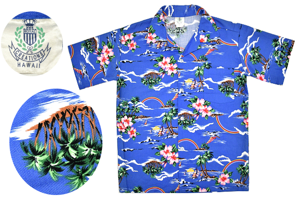 Y-4175★送料無料★美品★ROYAL CREATIONS ロイヤルクリエーション★USA ハワイ製 ヤシの木 ハイビスカス 半袖 本格 アロハシャツ 14 160cm拍卖