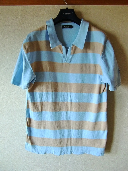 BURBERRY BLACK LABEL バーバリーブラックレーベル 半袖ポロシャツ サイズ3 水色×ベージュ (株)三陽商会 綿100%拍卖