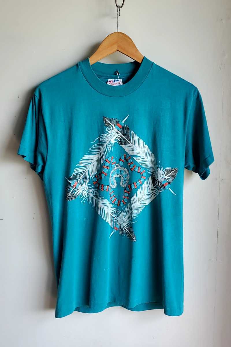 566◆USA製 90s Hanes 半袖プリントTシャツ sizeM インディアン エメラルドグリーン vintage 古着 USED 中古拍卖