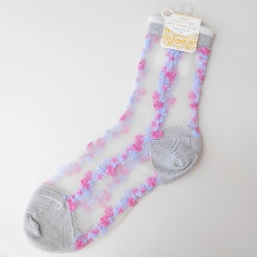 新品 CARON レディース 23~24㎝ シースルー 春夏向き 靴下 ソックス シルク混 日本製 グレー 花柄 ピンク ラベンダー拍卖