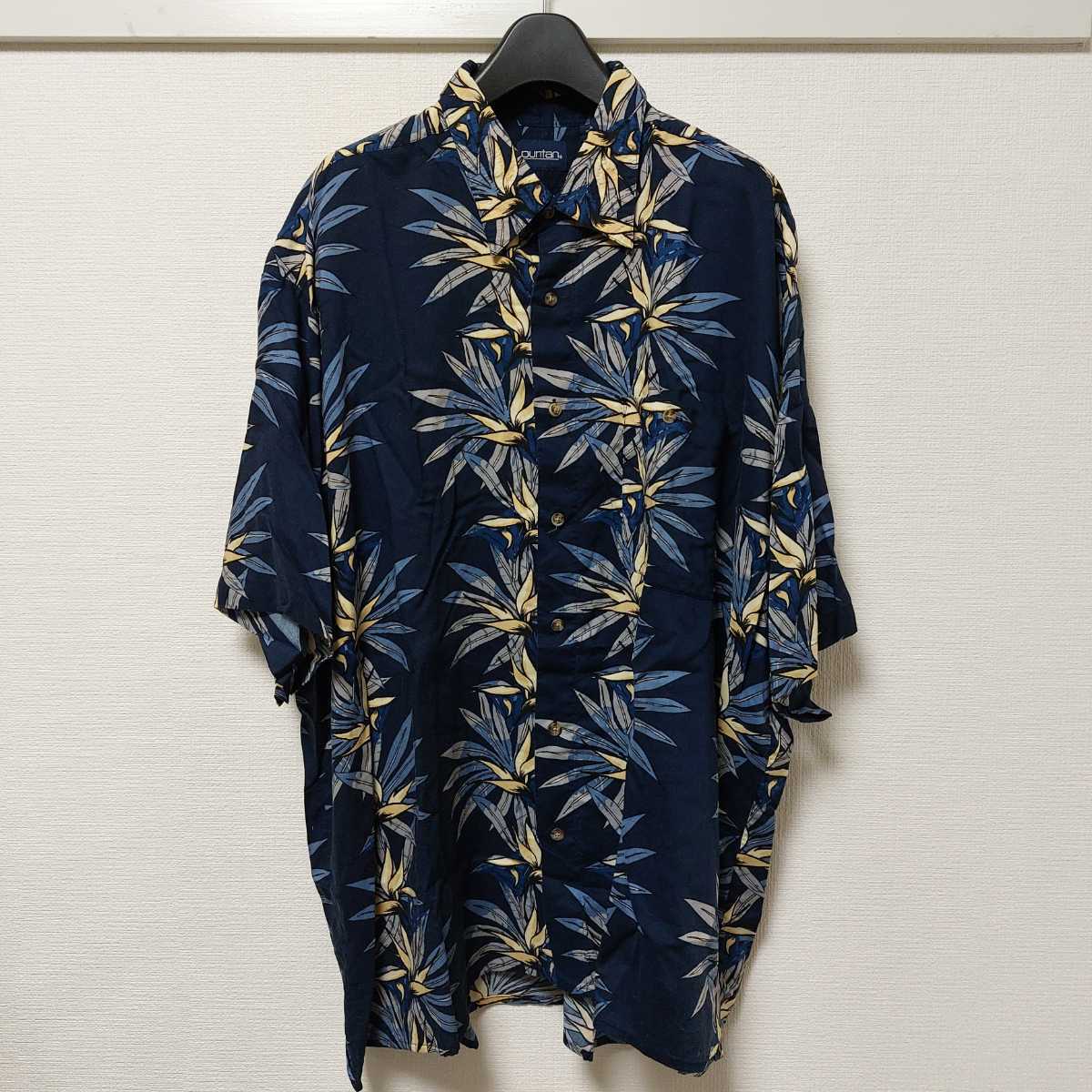 PURITAN ピューリタン アロハシャツ ハワイアンシャツ 開襟シャツ レーヨン100% ネイビー 柄シャツ ヤシの木柄 USA古着 メンズ 2XL 04G1605拍卖