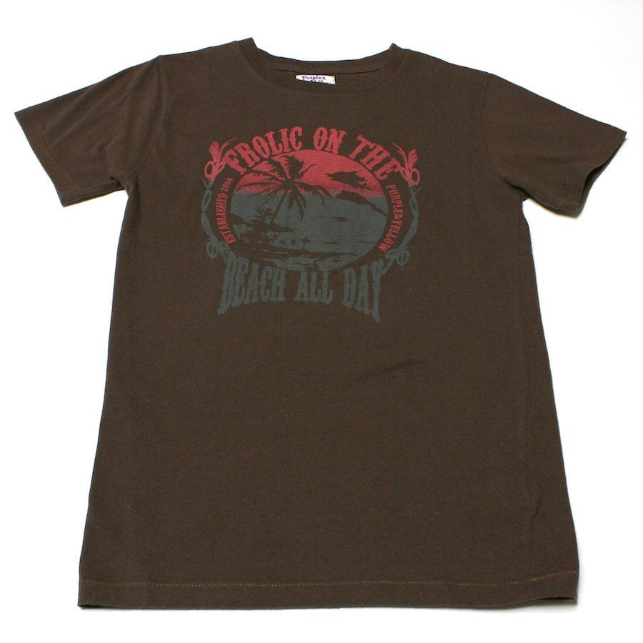 新品正規70%OFF PURPLE&YELLOW パープル&イエロー Tシャツ Sサイズ ブラウン アート サーフプリント ウォッシュ加工拍卖