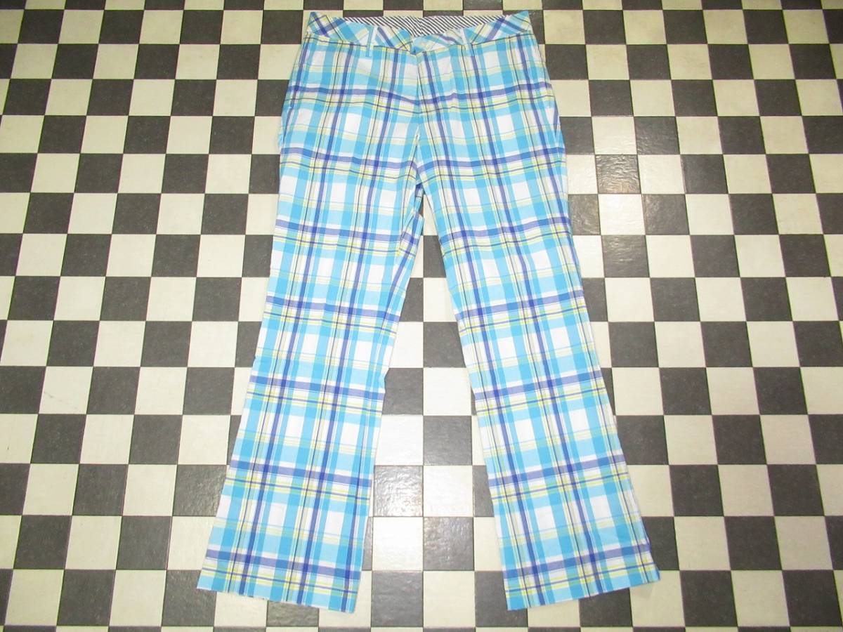 ★キャロウェイ/Callaway★良品 L チェック柄シューカットパンツ オフブルー/ホワイト/イエロー拍卖
