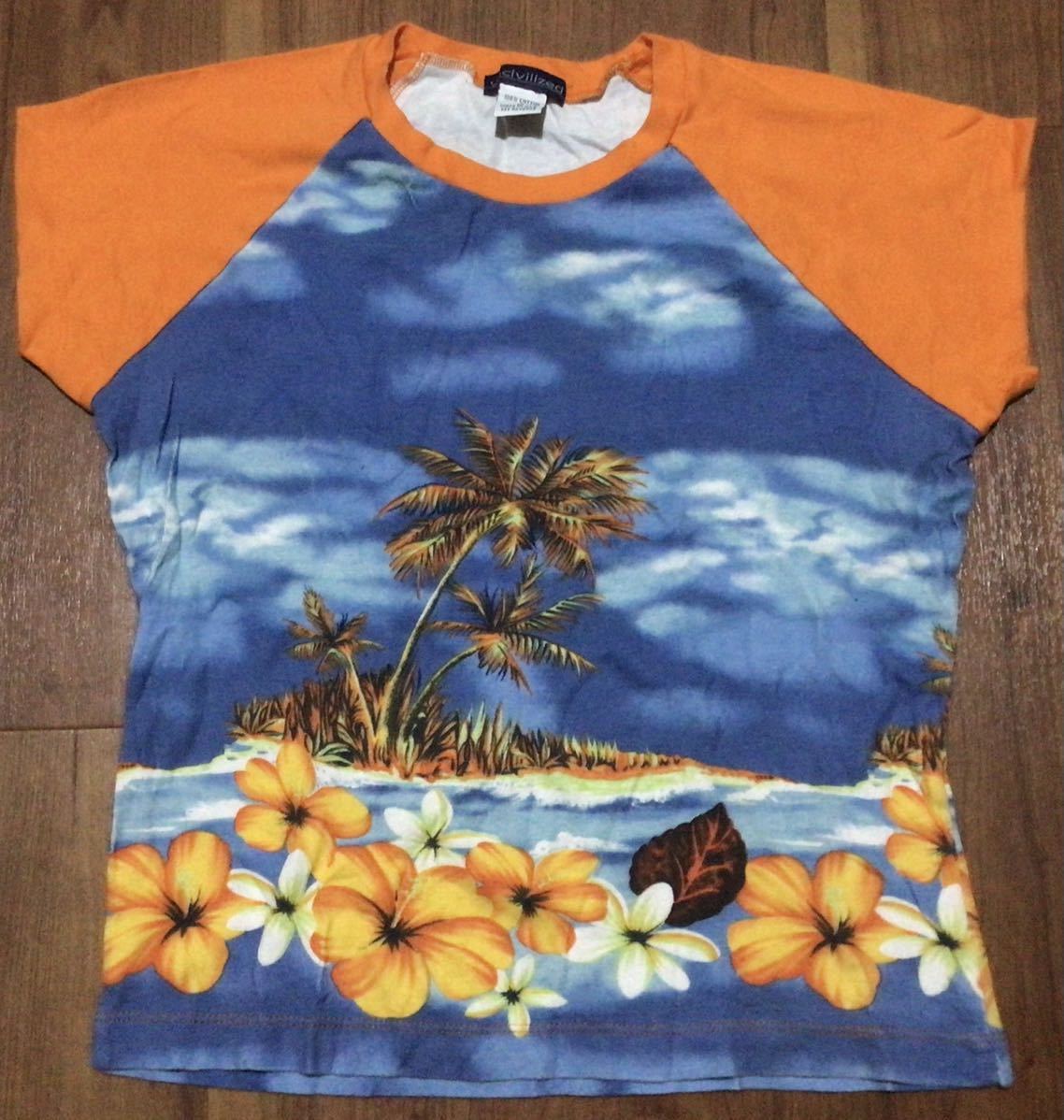 USA製★南国 ハイビスカス プリント Tシャツ Lサイズ★ハワイ ラグラン丈 レディース 半袖拍卖