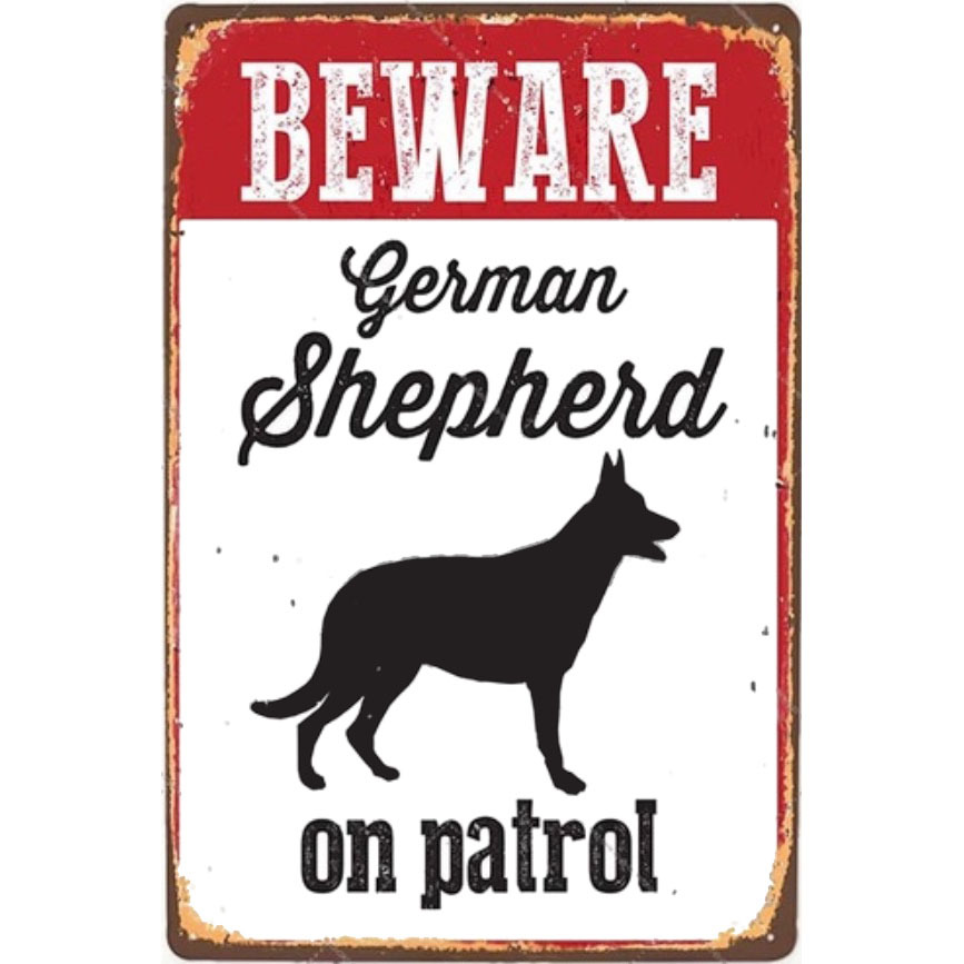 A2404 メタル サイン ブリキ 看板 金属 製 プレート 店 注意 警告 危険 防犯 動物 ペット 猛 犬 番犬 シェパード【2023】拍卖