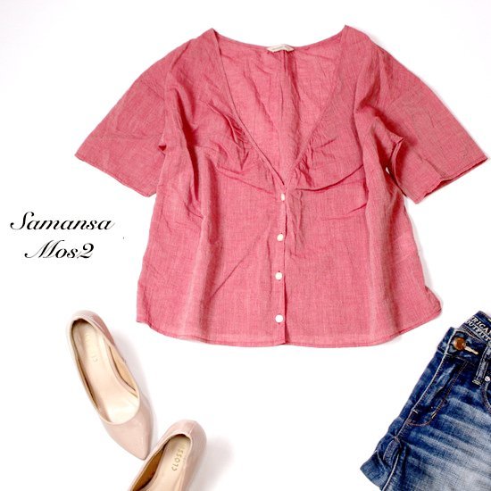 ☆☆ 美品 Samansa Mos2 サマンサモスモス ☆☆ ゆったり可愛い 深Vネック 麻綿 ブラウス F 春 夏 22B07拍卖