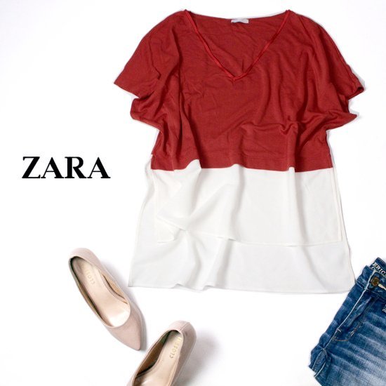 ☆☆ 美品 ザラ ZARA B/W COLLECTION ☆☆ ゆったり可愛い バックテール シボ生地切り替え ストレッチ カットソー L 春 夏 22E07拍卖