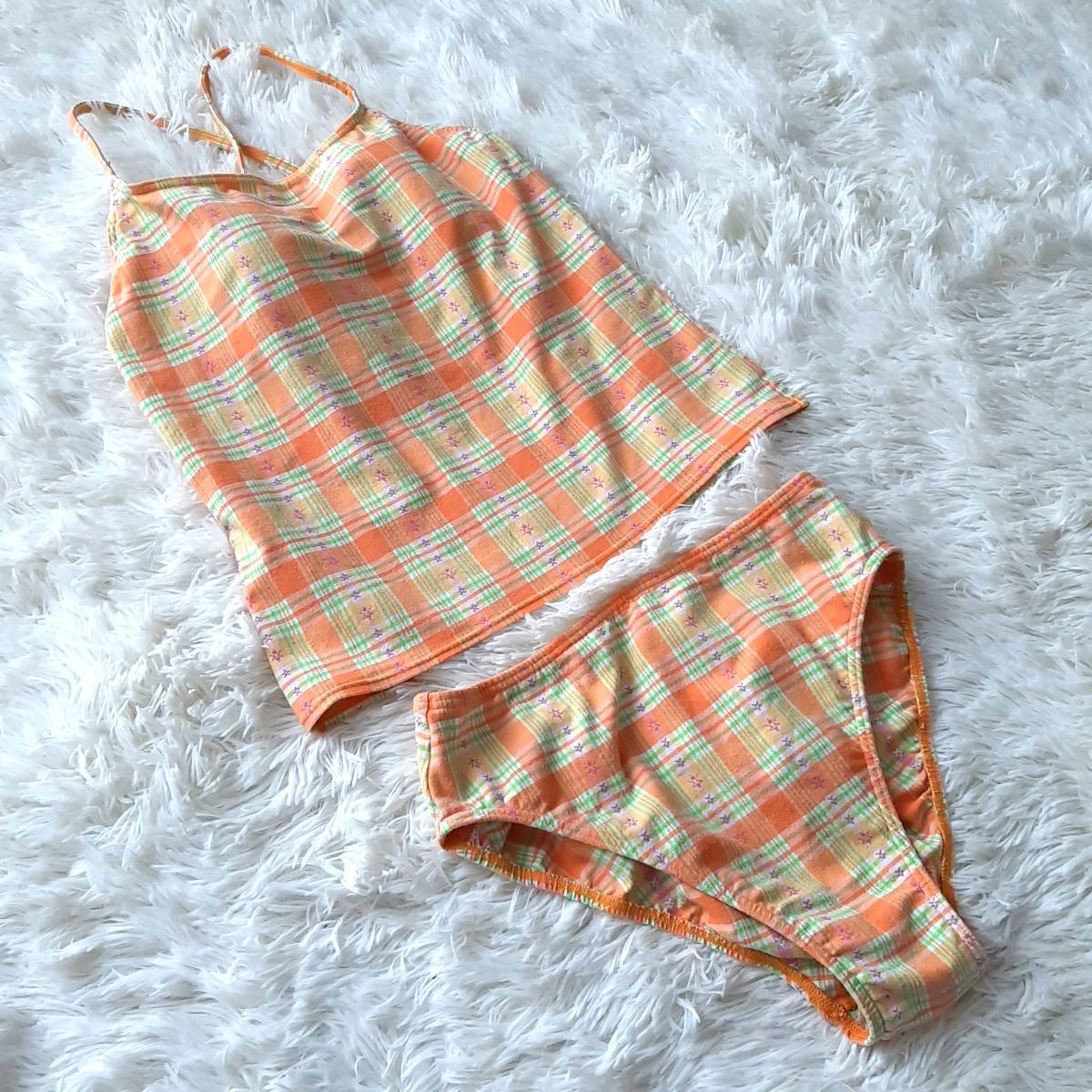 匿名配送★お洋服生地 チェック柄 タンキニ ビキニ 水着 オレンジ 11L X拍卖