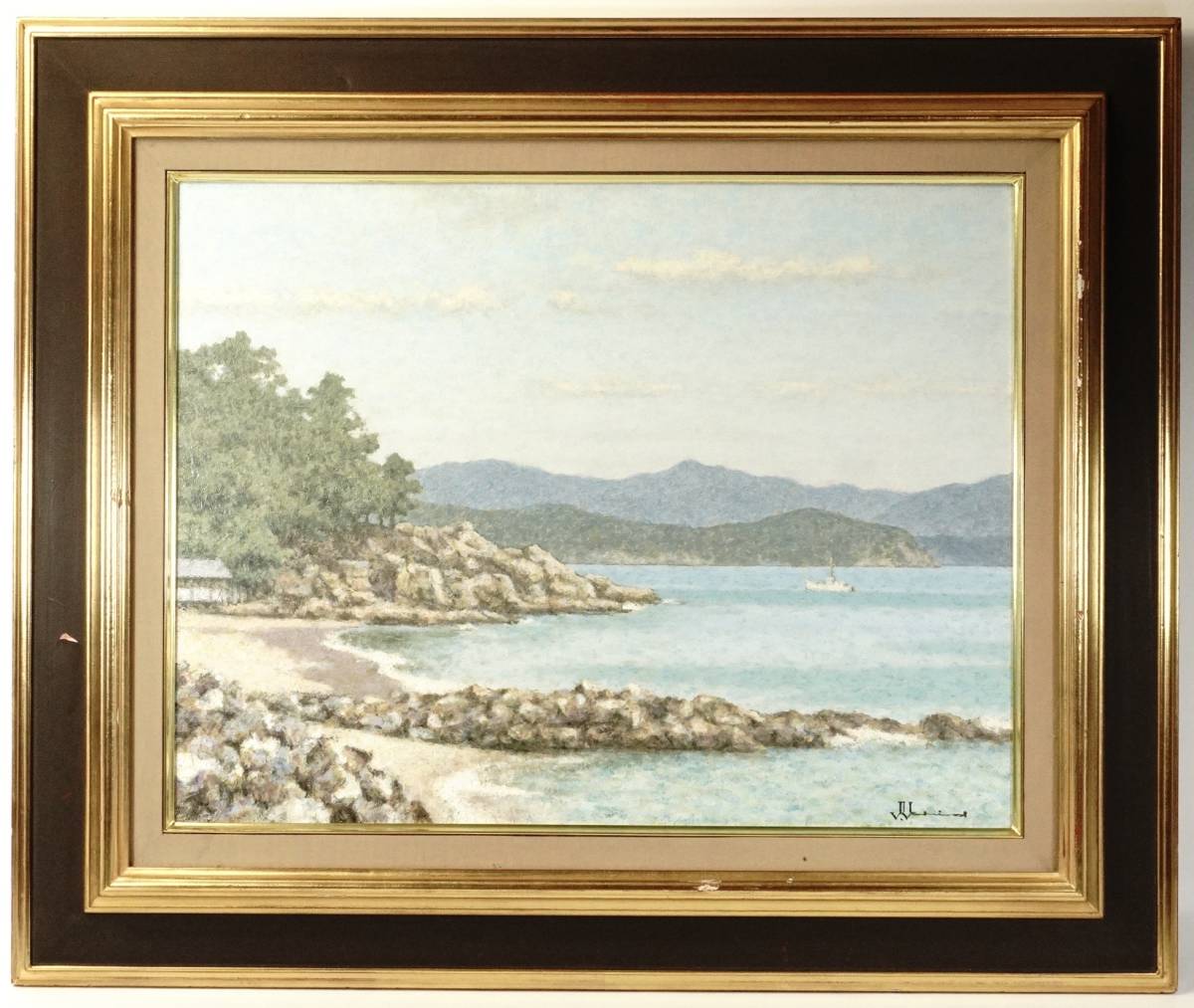 1983年 内田如風作 「春の海辺(下関郊外)」 真作 サインあり 一水会員 油彩画 風景画 10号サイズ 絵画 アート 額装品 幅73㎝ 高さ61㎝ HKT拍卖
