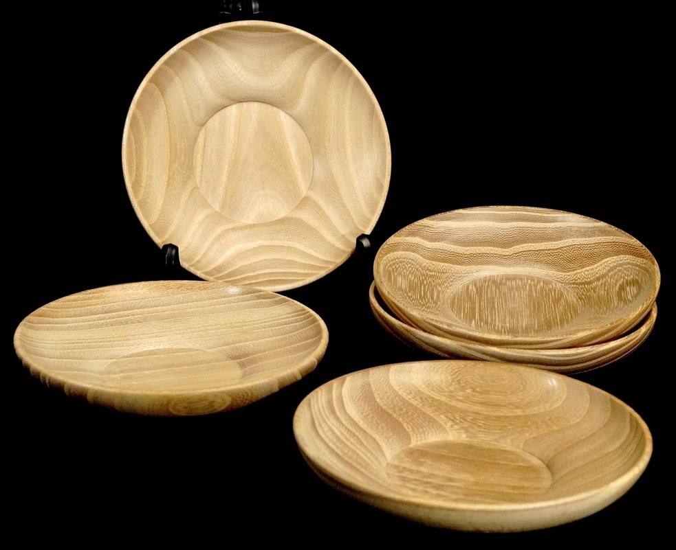 昭和ビンテージ 木地挽茶托 5客揃え 天然木製 煎茶道具 化粧箱 極上状態品 直径10.5㎝ 高さ2㎝ TMK拍卖