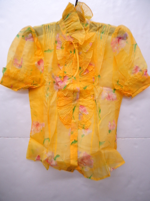 【KCM】ralph-196-2■新品■【RALPH LAUREN/ラルフローレン】レディース フリル花柄 シースルー半袖シルクブラウス サイズ2 イエロー系拍卖
