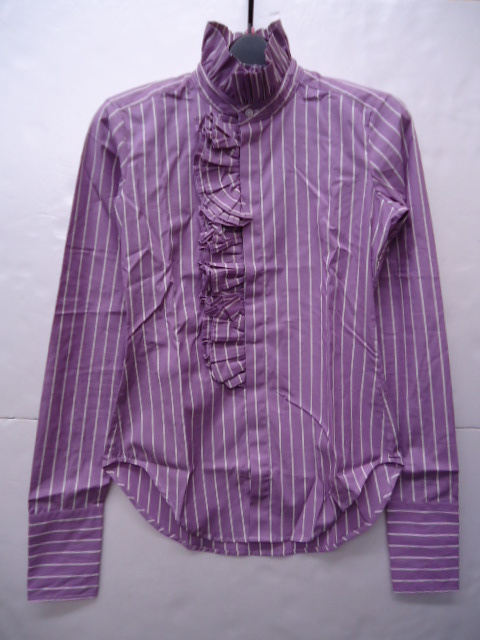【KCM】ralph-179-2■新品■【RALPH LAUREN/ラルフローレン】レディース フリル長袖ストライプシャツ SLIM FIT サイズ2 パープル系拍卖