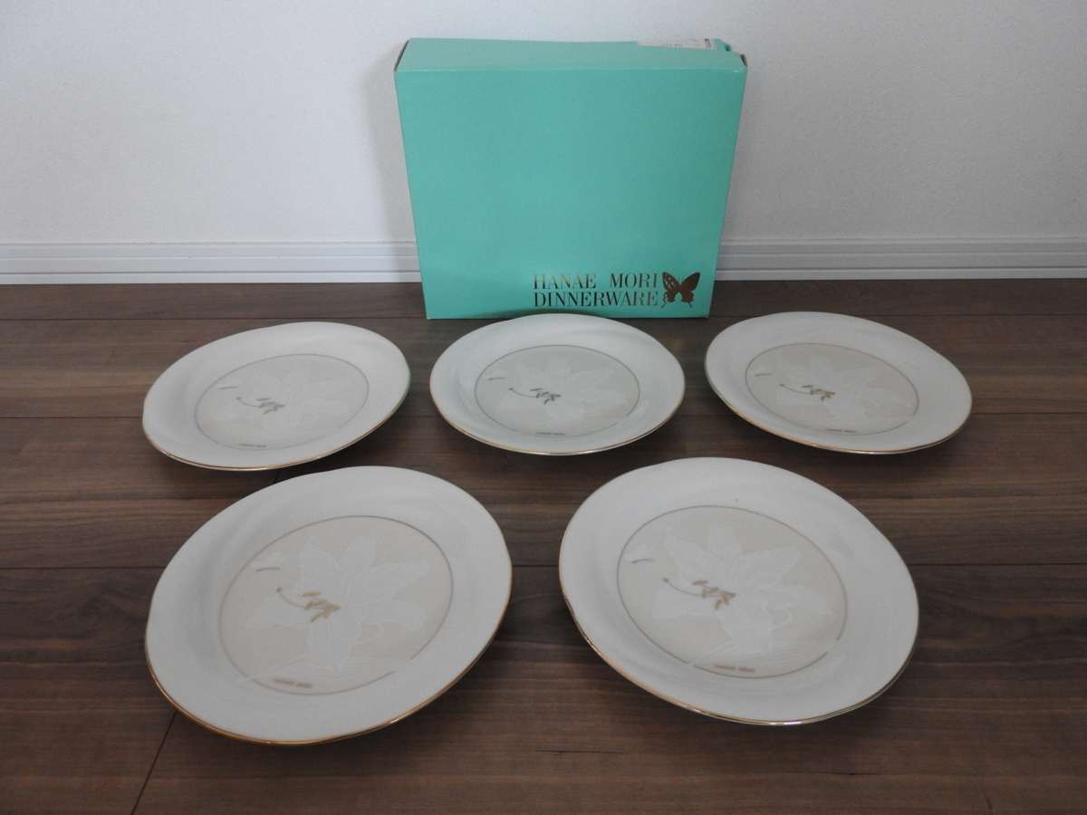 ★☆未使用/HANAE MORI 森英恵 ケーキ皿 白 金縁 5枚セット 箱付☆★拍卖