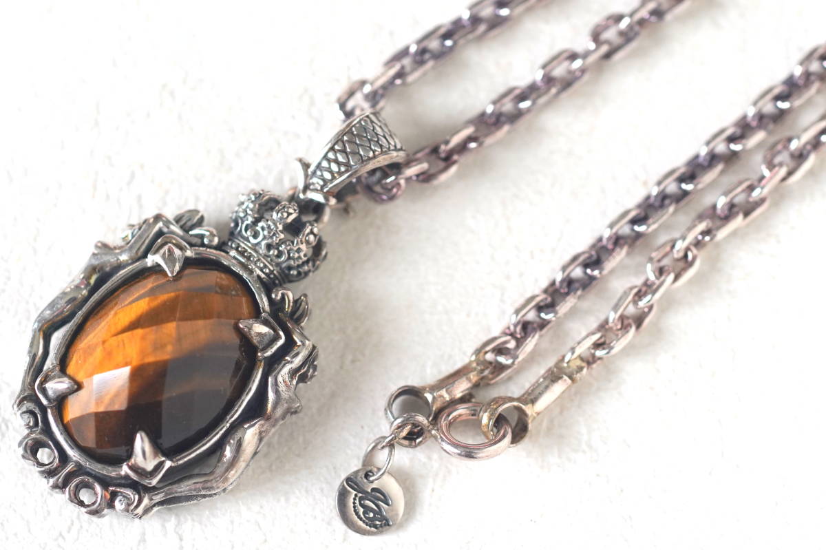 シルバー925製 ハード系 タイガーアイ付き クラウンネックレス ペンダント V系 ゴシック拍卖