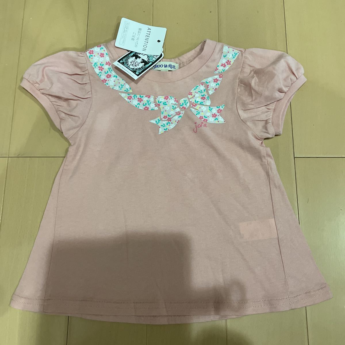 送料込み 新品タグ付き SHOOLARUE 半袖Tシャツ カットソー 100cm リボン柄 くすみピンク コットン100% 綿100% ワールド 送料無料拍卖