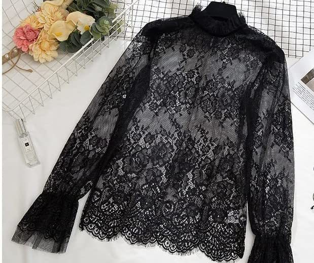 新品●送料無料●フレアー袖の スタンド2枚襟 総レース トップス 【ブラック】拍卖