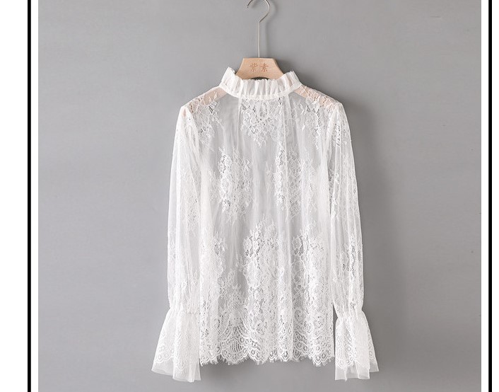 新品●送料無料●フレアー袖の スタンド2枚襟 総レース トップス 【ホワイト】拍卖