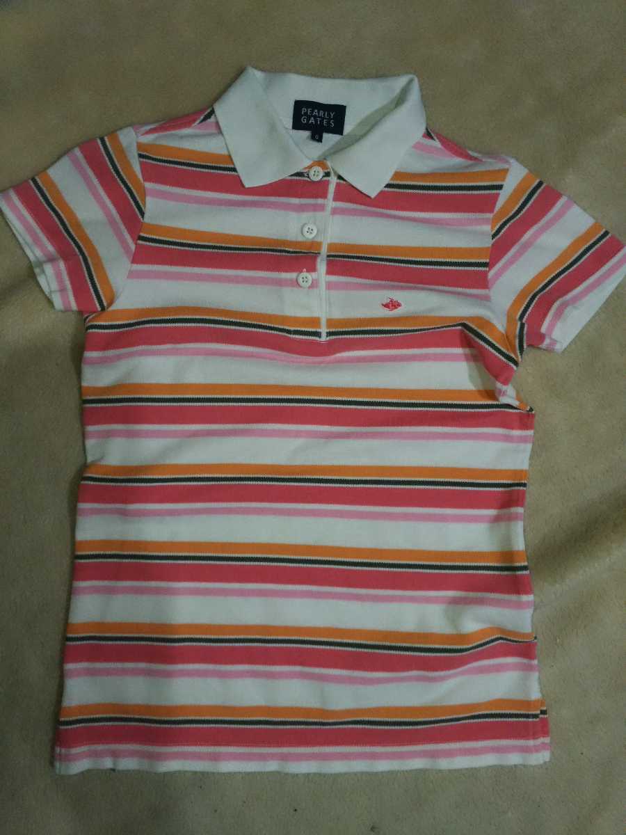 PEARLY GATES 半袖 ポロシャツ ドライ 鹿の子レディース 0 白/桃/オレンジ ボーダー パーリーゲイツ ゴルフウェア 日本製拍卖