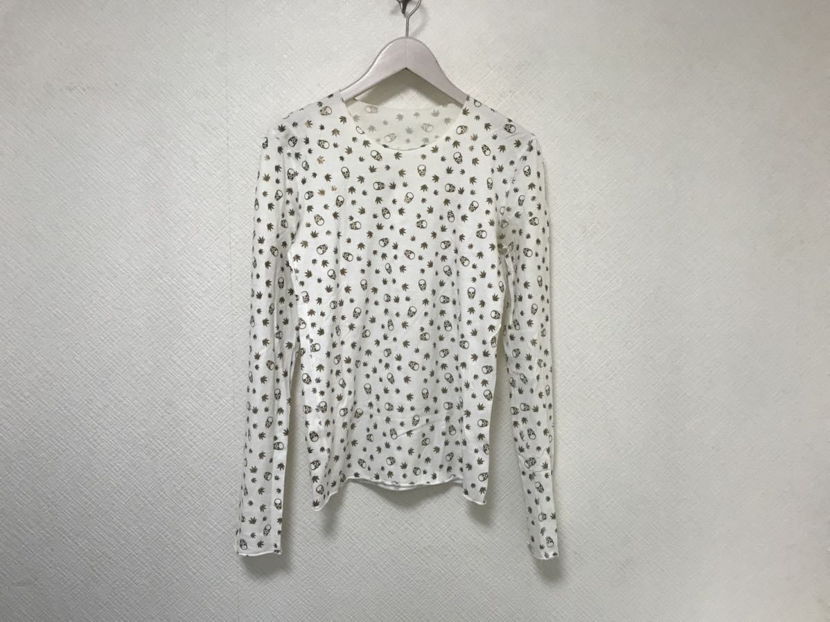 本物ルシアンペラフィネlucienpellatfinetコットン総柄ドクロスカルプリント長袖TシャツロンTアメカジサーフミリタリー白Sイタリア製拍卖