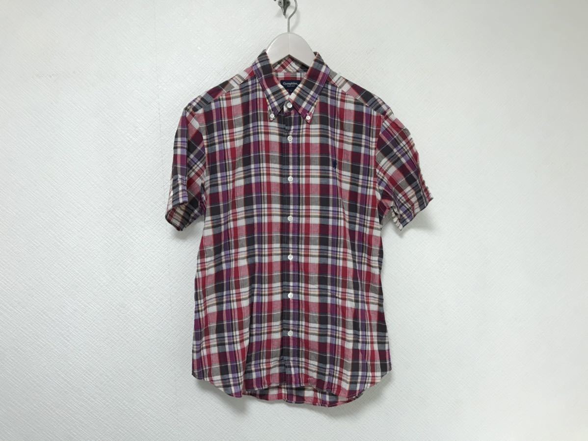 本物ジムフレックスGymphlexコットン麻リネンチェック柄半袖シャツメンズミリタリービジネススーツアメカジサーフ日本製赤レッドL拍卖