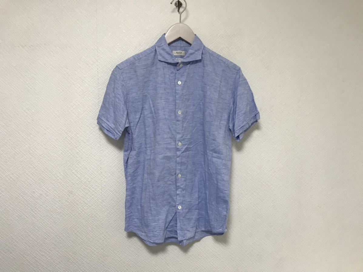 本物エディフィスEDIFICEコットン麻リネン半袖シャツメンズミリタリービジネススーツアメカジサーフ青ブルー44S拍卖