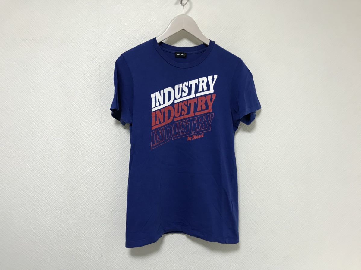 本物ディーゼルDIESELコットンロゴプリント半袖TシャツメンズミリタリーアメカジサーフストリートスケーターS青ブルーブルガリア製拍卖