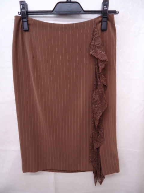 【KCM】sta-321★未使用品★【NOVESPAZIO/ノーベスパジオ】ストライプ タイトスカート レース スリット ブラウン系 サイズ 38拍卖