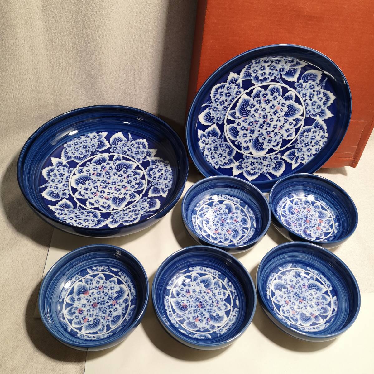 【未使用】◆MARUKO 陶磁 とうじ あじさい 料理皿 セット/陶器製/合計7枚◆箱あり◆紫陽花/和食器/和皿/昭和レトロ/花柄拍卖