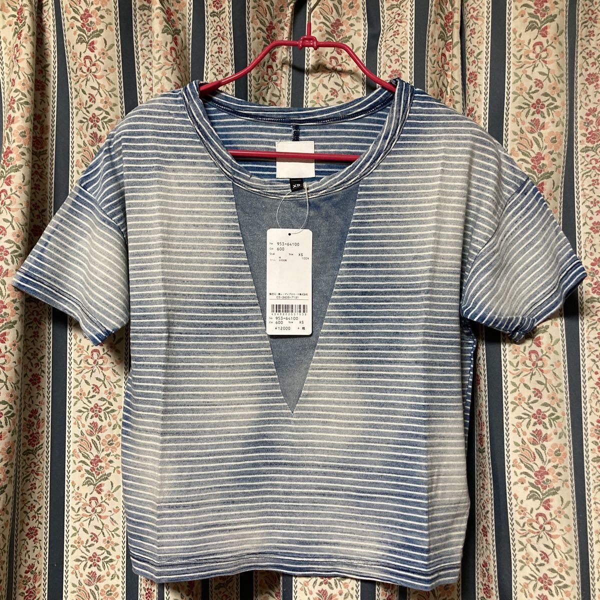 JOE'S JEANS ブリーチ加工ボーダー柄ショートTシャツ クロップド丈 コンパクトT チビT レディースXS トップス カットソー インディゴ拍卖