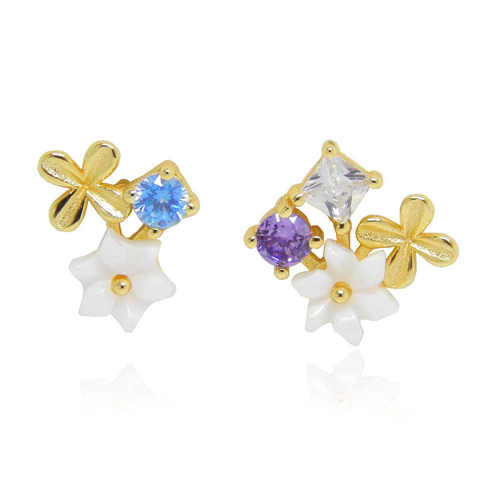 新品★フラワー&四つ葉 マルチカラーCZダイヤモンドピアス レディースアクセサリーゴールド シルバー925 ジルコニア イヤリング化可拍卖