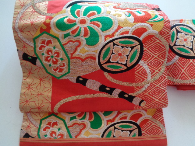c192-80 名古屋帯 正絹 六通柄 金糸織 刺繍 吉祥文 昭和レトロ アンティーク拍卖