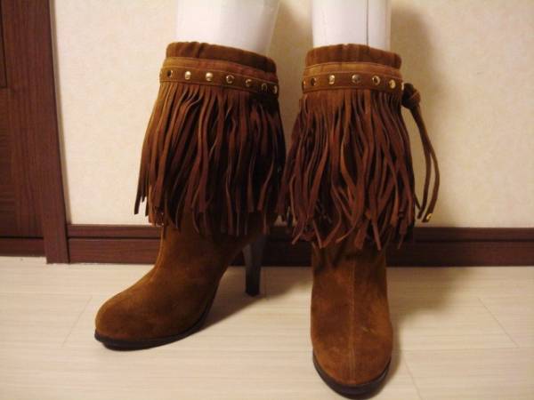 ■ MURUA ムルーア 可愛い 茶 ブラウン スェード フリンジ エスニック レディース ショートブーツ ヒール 35 22.0cm 22.5cm拍卖
